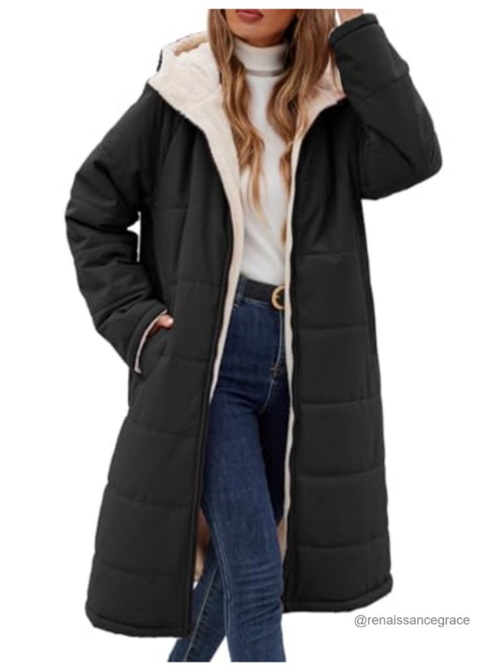 Women's Long Reversible Puffer Coat Hooded Fleece Winter Jacket